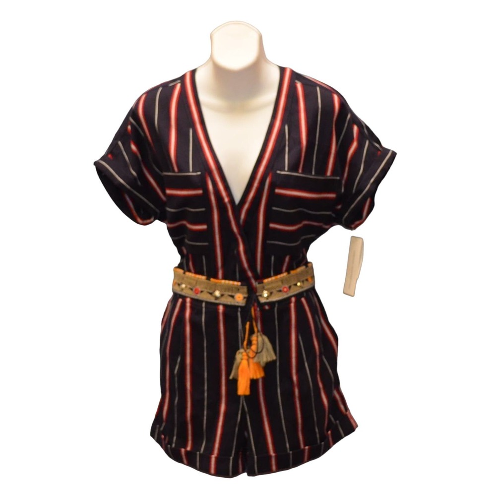 B2 NEW FRENCH CONNECTION Hasan Cotton Navy Striped Studded Belt Romper Sz 2 $148 - Picture 2 of 5